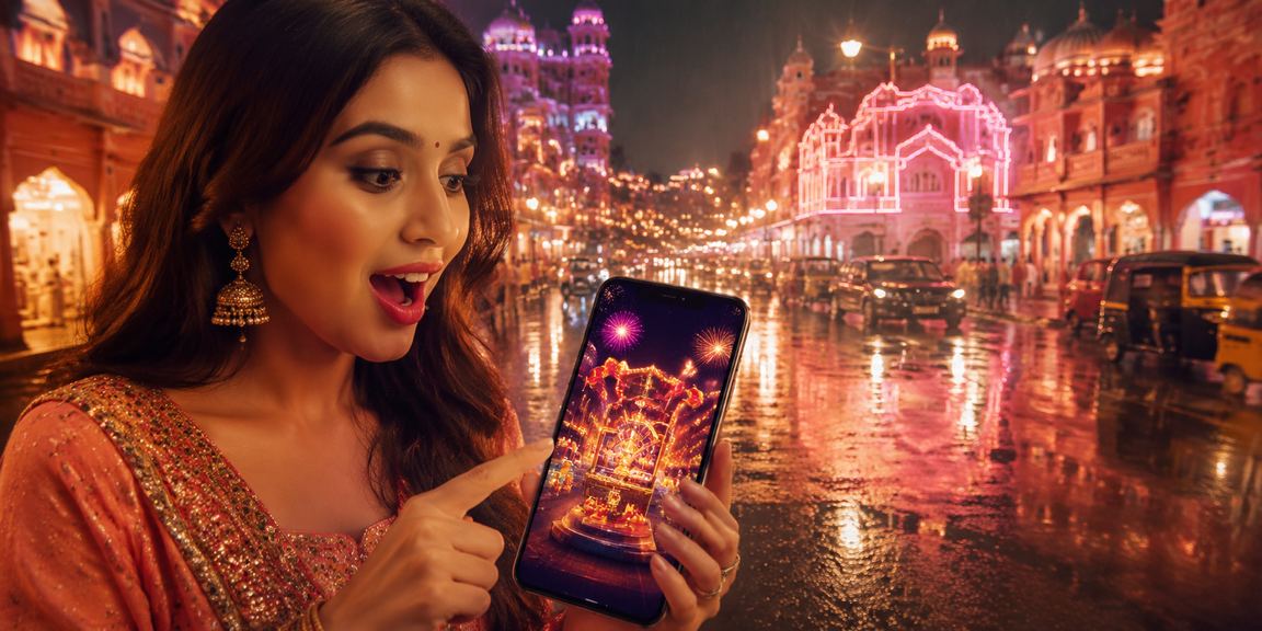 Night market scene in Jaipur with mobile cricket betting